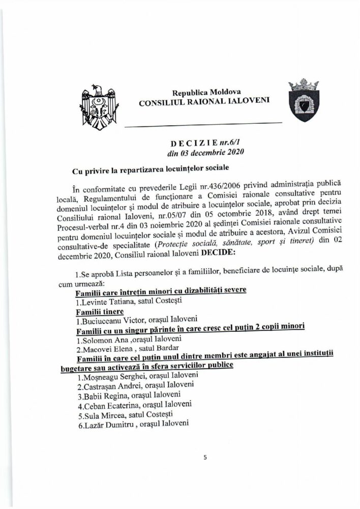 DOC// Au mai rămas disponibile doar câteva apartamente sociale din proprietatea Consiliului raional Ialoveni 2 locuinte sociale decizie 1