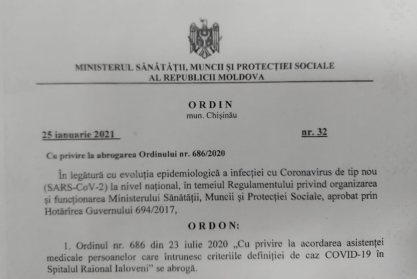 Secția COVID din Spitalul raional Ialoveni se închide 2 ordin inchidere sectie