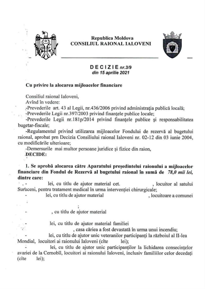 78 de mii lei alocați pentru ajutoare materiale mai multor persoane, la o ședință a Consiliului raional Ialoveni. 2 78 de mii lei alocati 1