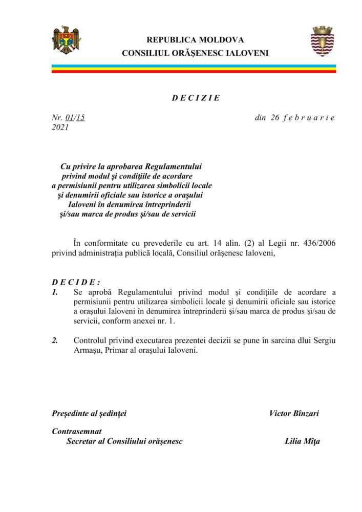 decizie 15 regulament toponimic Ialoveni