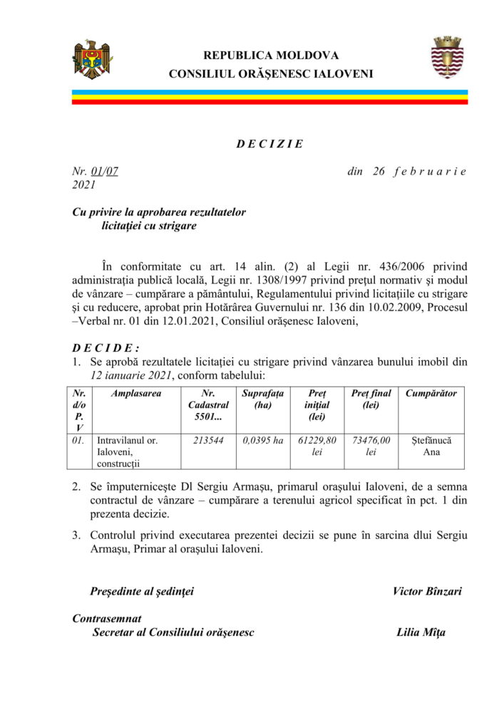 decizie vinzare 4 ari terenr. 07 1