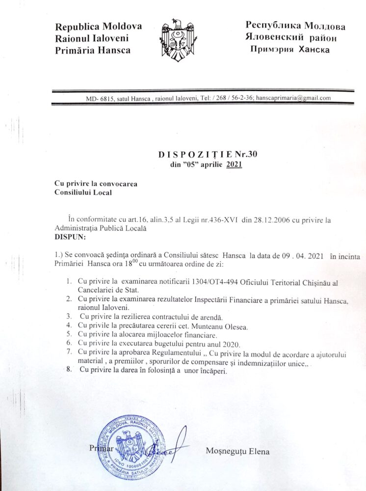 Consiliul sătesc Hansca este convocat în ședință. Primăria publică doar Ordinea de zi, fără nici un document aferent 2 ordine de zi hansca 09 04 2021