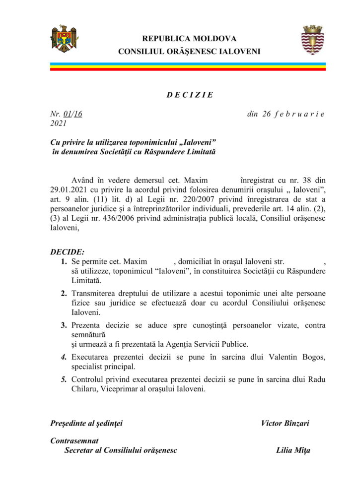 DOC// Utilizarea cuvântului „Ialoveni” în scopuri comerciale - doar cu aprobarea Consiliului orășenesc. Vezi REGULMENTUL 6 prima decizie toponimic Ialoveni