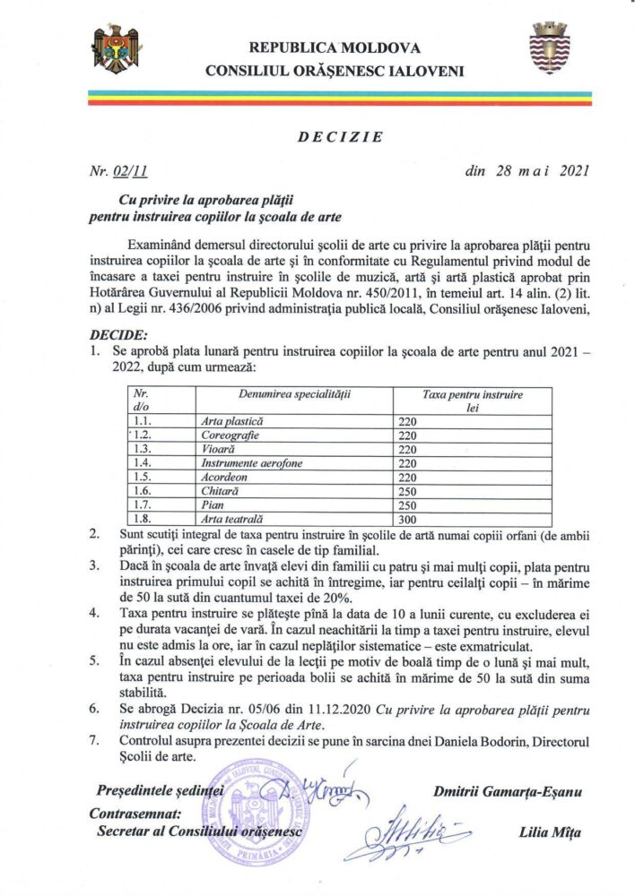 DOC// Au fost aprobate taxele lunare la Școala de Arte din Ialoveni pentru anul de studii 2021-2022 2 decizia nr 02 11 6 platile la scoala arte.jpg