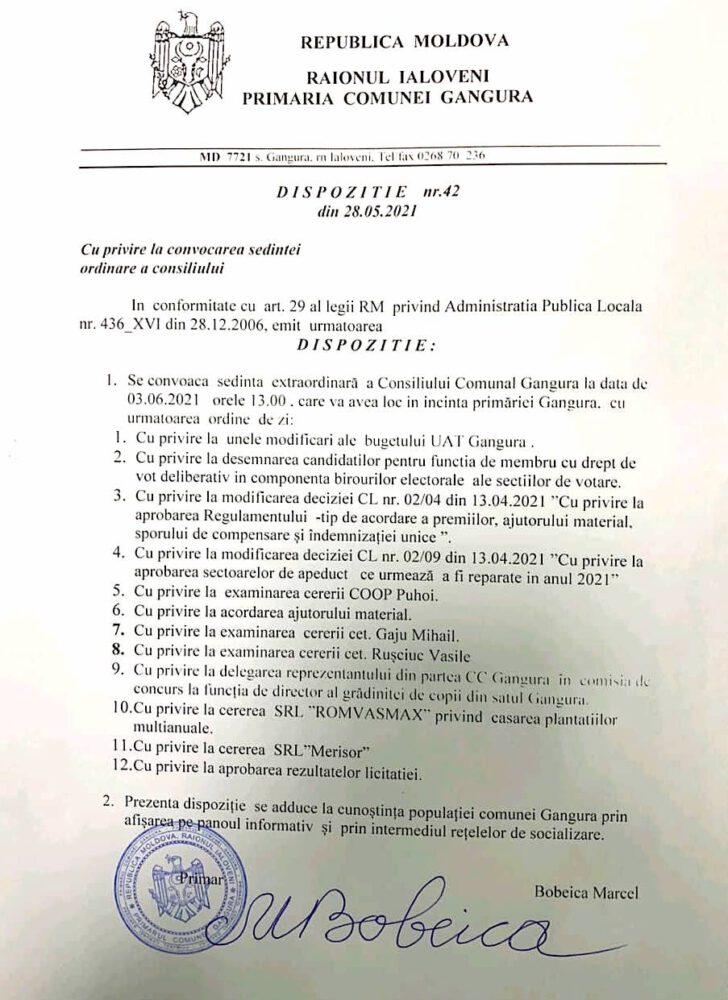 Consiliul comunal Gangura se întrunește în ședință, dar primăria nu publică informații online 2 ordine de zi gangura 05 2021