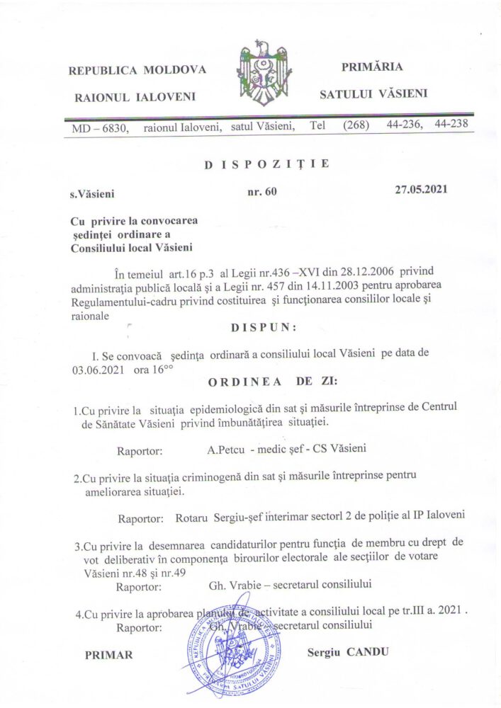 Consiliul sătesc Văsieni se întrunește în ședință, cu accesul cetățenilor interzis 2 ordine de zi vasieni 05 2021