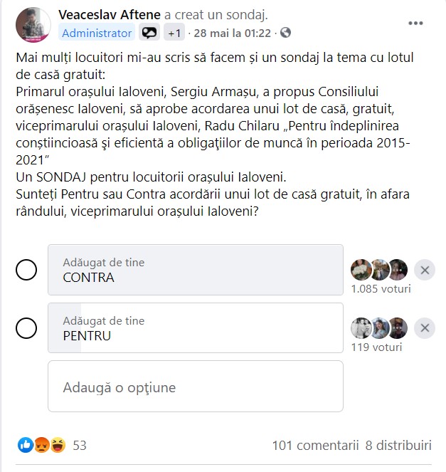 Majoritatea absolută contra acordării, gratuite, a unui lot de casă viceprimarului. Rezultate sondaj public 2 rezultate sondaj
