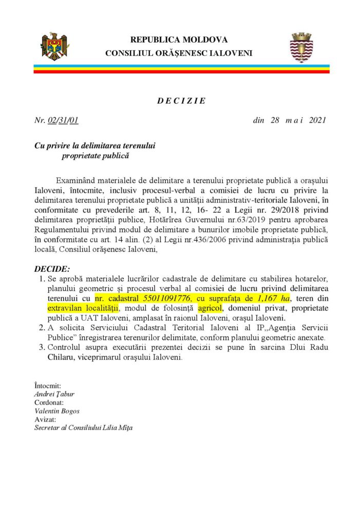 VIDEO// Șapte terenuri publice scoase la delimitare la ședința Consiliului orășenesc Ialoveni din 28 mai 2021. Partea II 2 7 proiecte delimitare terenuri page 001
