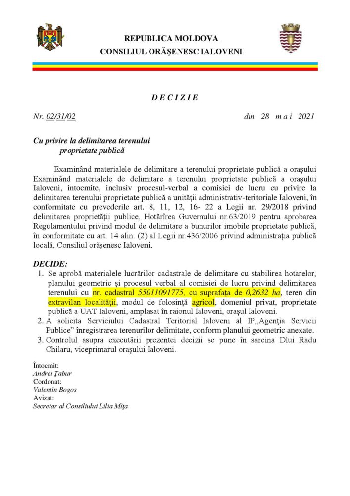 VIDEO// Șapte terenuri publice scoase la delimitare la ședința Consiliului orășenesc Ialoveni din 28 mai 2021. Partea II 3 7 proiecte delimitare terenuri page 002