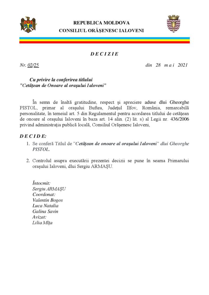 Un primar din România va primi Titlul de „Cetățean de onoare al orașului Ialoveni” 2 Cetatean de Onoare al orasului ialoveni page 001