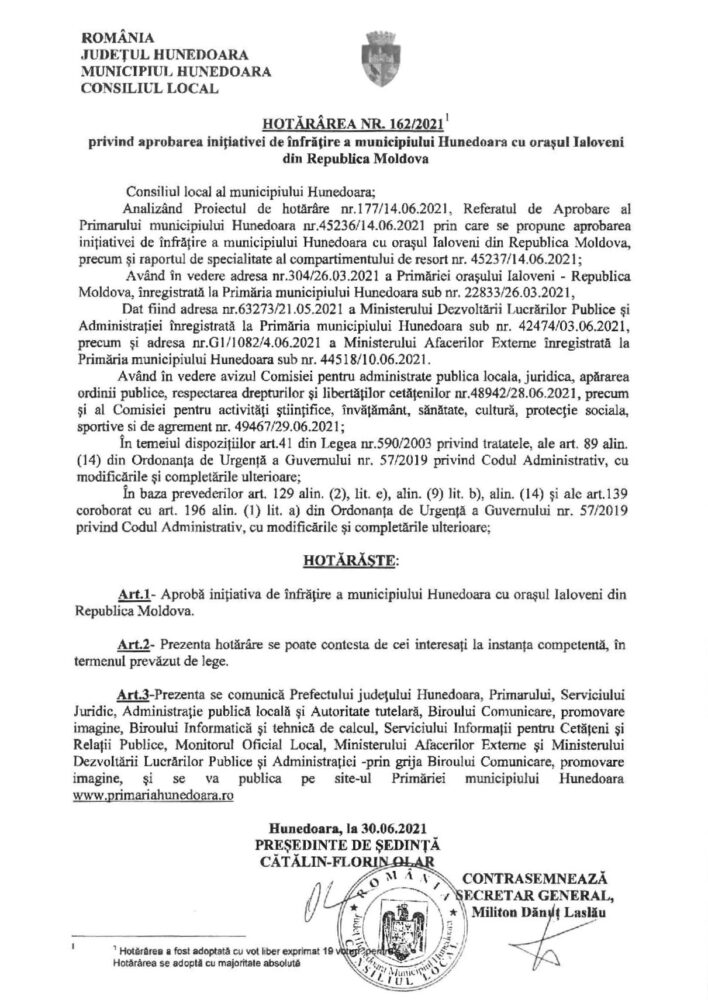 Ialoveniul urmează să se mai înfrățească cu încă două localități din România. Vezi care sunt acestea: 4 Hunedoara consiliu aprobare initiativa infratire Ialoveni page 001