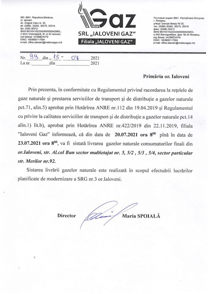 Încă o deconectare de 3 zile de la gazoduct în orașul Ialoveni. Vezi pe ce adrese: 2 Ialoveni Gaz deconectare 20 iulie page 001