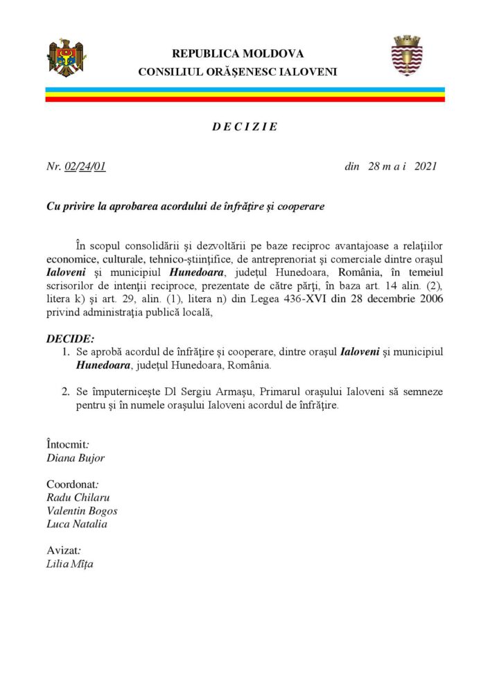 Ialoveniul urmează să se mai înfrățească cu încă două localități din România. Vezi care sunt acestea: 2 Ialoveni infratire cu Hunedoara