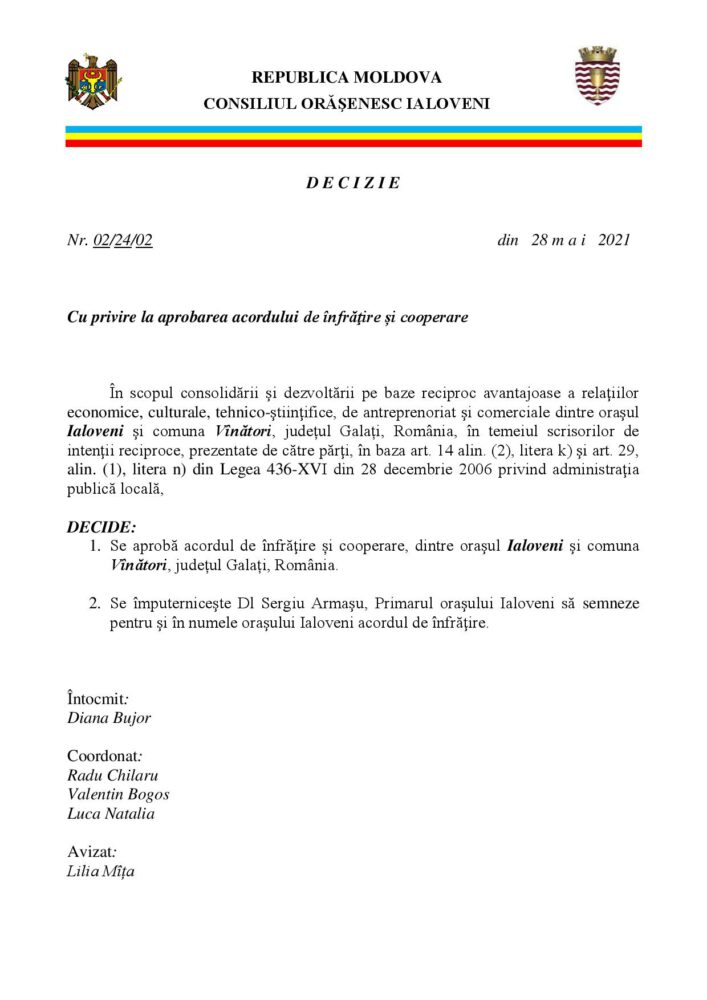Ialoveniul urmează să se mai înfrățească cu încă două localități din România. Vezi care sunt acestea: 3 Ialoveni infratire cu Vanatori