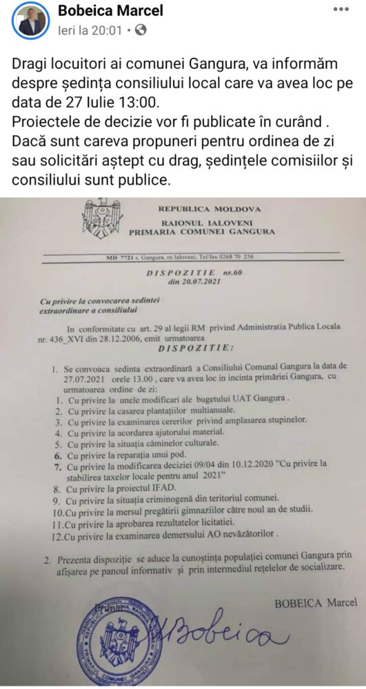 Primarul de la Gangura anunță despre convocarea ședinței Consiliului local 2 Primar Gangura 20210722