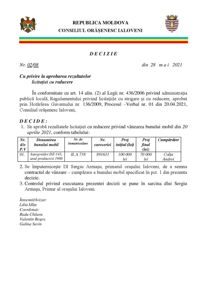 FOTO//După mai multe încercări, Primăria a vândut un autogreider la reducere, cu 70 mii de lei 2 aprobare licitatie vanzare autogreider