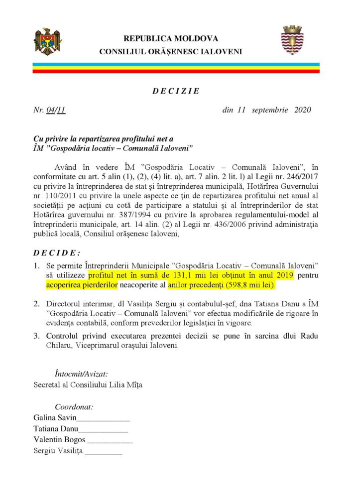 Gospodăria Locativ–Comunală Ialoveni a început să aibă profit – peste jumătate de MILION de lei în anul 2020 3 comunala profit 2019 decizie 11 09 2020
