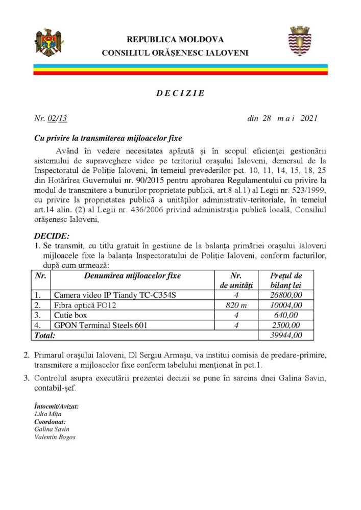 FOTO//Mai multe camere din locuri publice din orașul Ialoveni au fost transmise Inspectoratului de Poliție 4 decizia camerele page 001