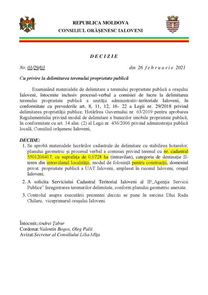 VIDEO// Terenurile pentru construcții, 7 la număr au avut prioritate la delimitat la prima ședință 2021 a Consiliului orășenesc Ialoveni. Partea I 4 decizii delimitare terenuri 26 feb 2021 page 003