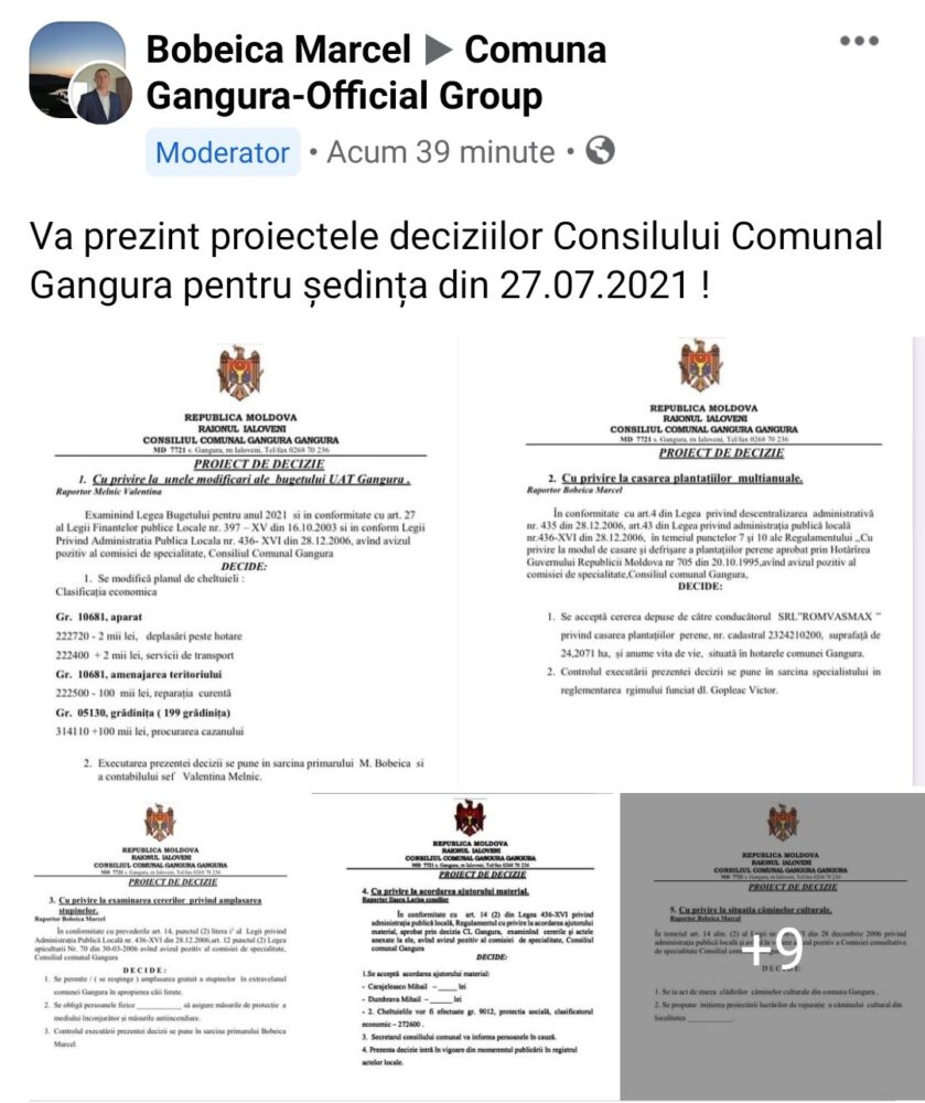 Primarul de la Gangura anunță despre convocarea ședinței Consiliului local 3 gangura primar publicat proiectele 20210724