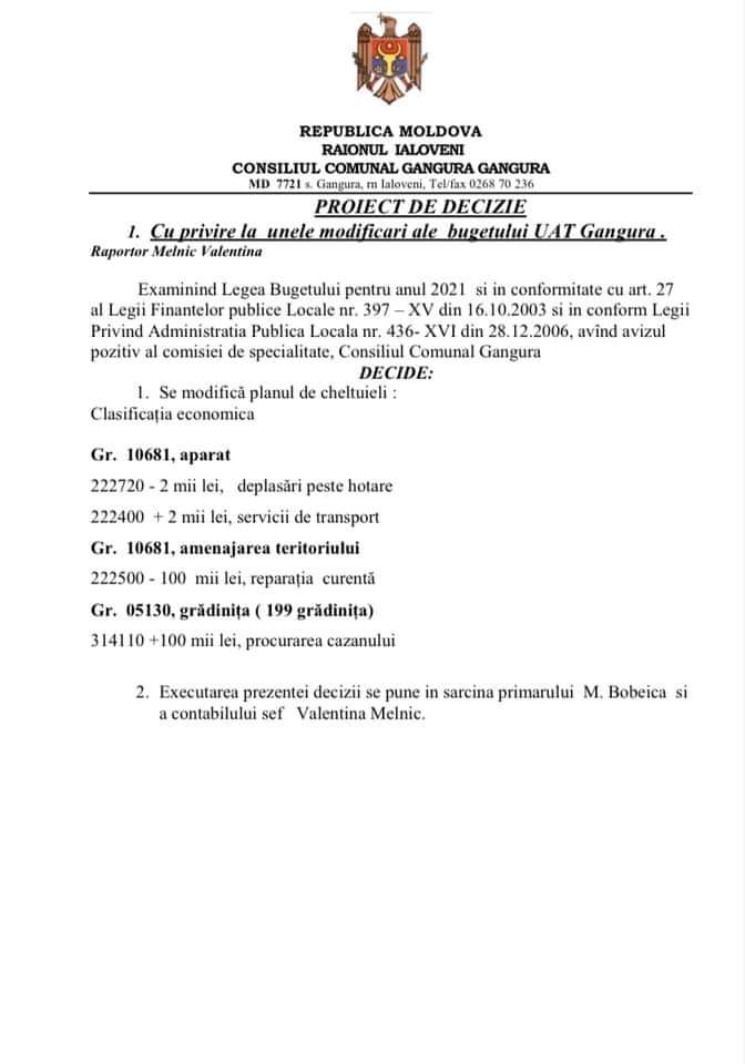 Primarul de la Gangura anunță despre convocarea ședinței Consiliului local 4 proiecte de decizie Gangura 27 iulie 1