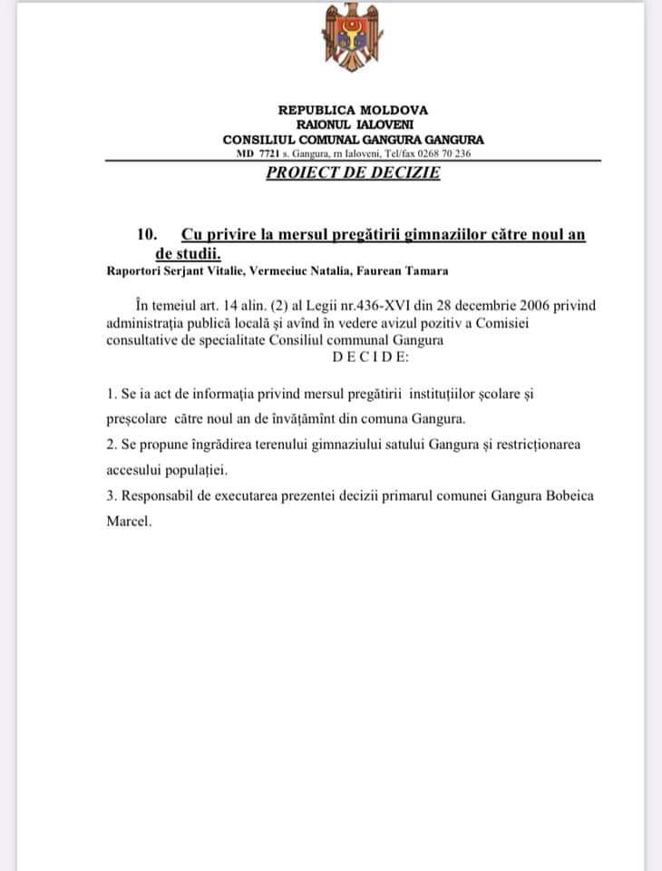 Primarul de la Gangura anunță despre convocarea ședinței Consiliului local 13 proiecte de decizie Gangura 27 iulie 10