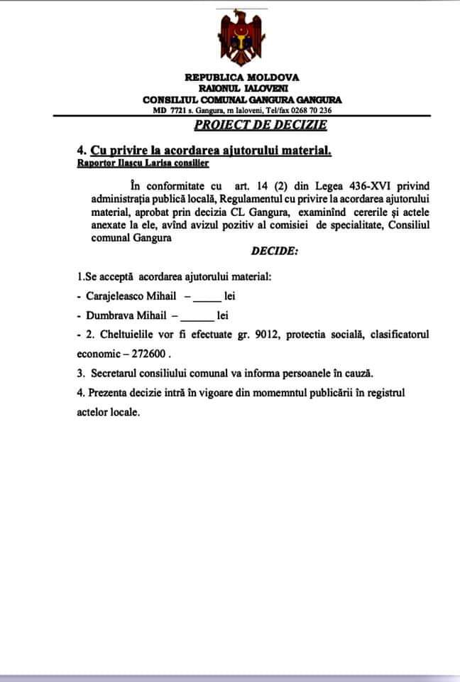 Primarul de la Gangura anunță despre convocarea ședinței Consiliului local 7 proiecte de decizie Gangura 27 iulie 4