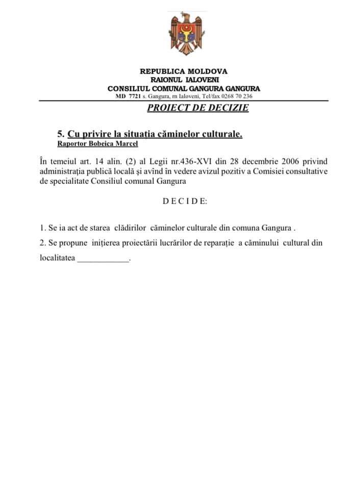 Primarul de la Gangura anunță despre convocarea ședinței Consiliului local 8 proiecte de decizie Gangura 27 iulie 5