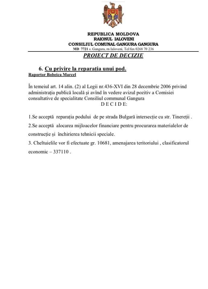 Primarul de la Gangura anunță despre convocarea ședinței Consiliului local 9 proiecte de decizie Gangura 27 iulie 6