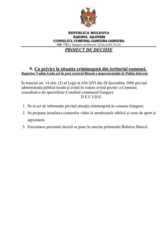 Primarul de la Gangura anunță despre convocarea ședinței Consiliului local 12 proiecte de decizie Gangura 27 iulie 9