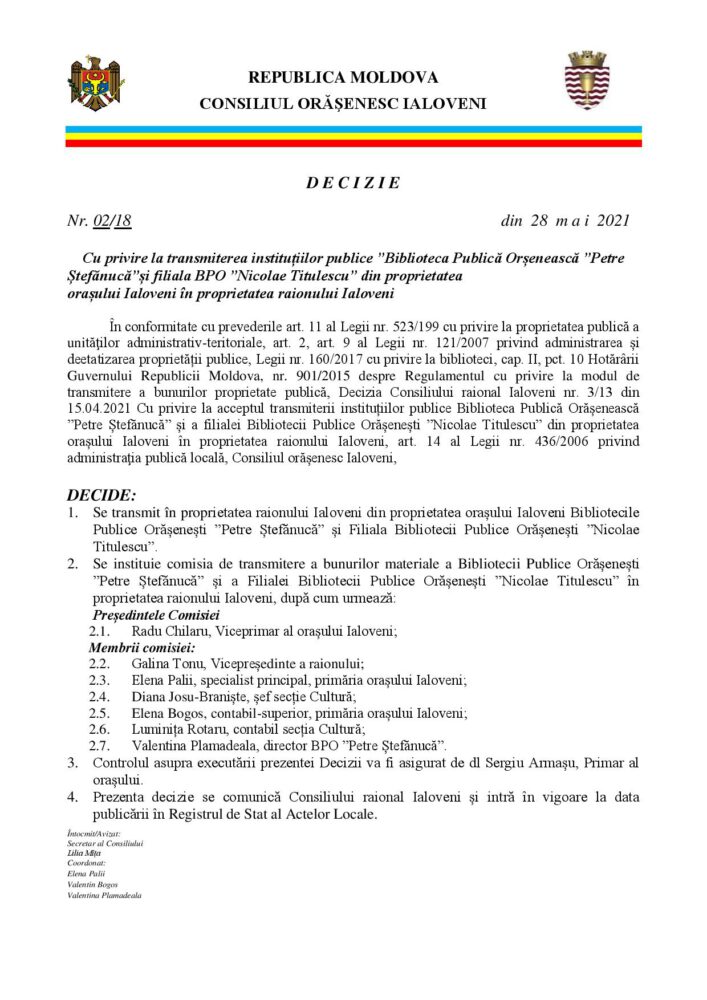 Biblioteca Publică Orșenească „Petre Ștefănucă” și filiala „Nicolae Titulescu” transmisă definitiv din proprietatea orașului Ialoveni în proprietatea raionului Ialoveni 2 transmitere biblioteca la raion page 001