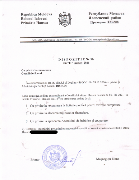 DOC// Ședință extraordinară a consiliului din Hansca. Pe ordinea de zi - aprobarea semnării Acordului de înfrățire cu o localitate din România 2 Hansca ordinea de zi 13.08.21