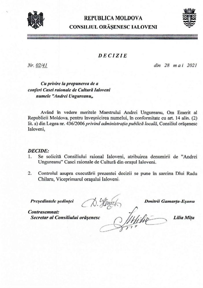 VIDEO/ DOC// „Templul culturii” din orașul Ialoveni va purta numele maestrului Andrei Ungureanu 3 decizie COI Casa cultura Ungureanu