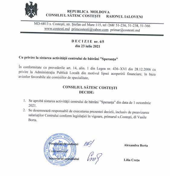 Decizie: Centrul de bătrâni „Speranța” din Costești își sistează activitatea 2 decizie speranta
