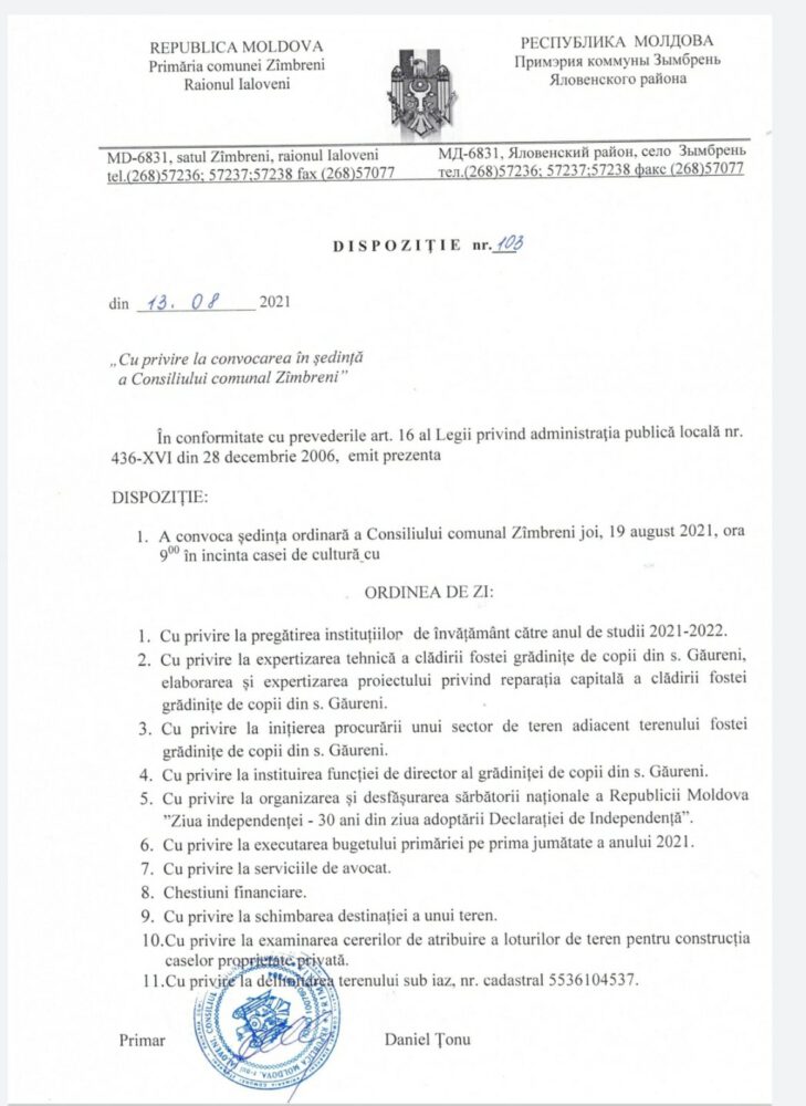 DOC// Consiliul comunal Zîmbreni se convoacă în ședință. Primăria publică doar Ordinea de zi 2 zimbreni 19 08 2021