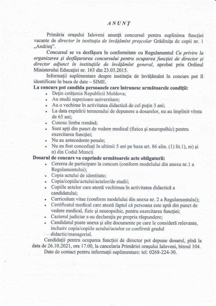 Concurs pentru trei funcții de conducere la Școala de arte și grădinița “Andrieș” 3 anunt director gradinita andries 2021
