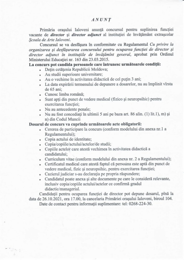 Concurs pentru trei funcții de conducere la Școala de arte și grădinița “Andrieș” 2 anunt director scoala de arte 2021
