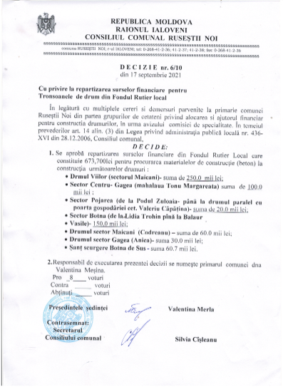 DOC// Peste 600 de mii de lei din Fondul Rutier local, repartizați pentru construcția unor drumuri din Ruseștii Noi 2 decizie Rusestii Noi Fondul Rutier