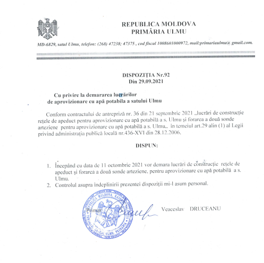 Încă un pas spre aprovizionarea cu apă a locuitorilor din Ulmu. Încep lucrările de construcție a rețelei de apeduct 2 dispozitie ulmu