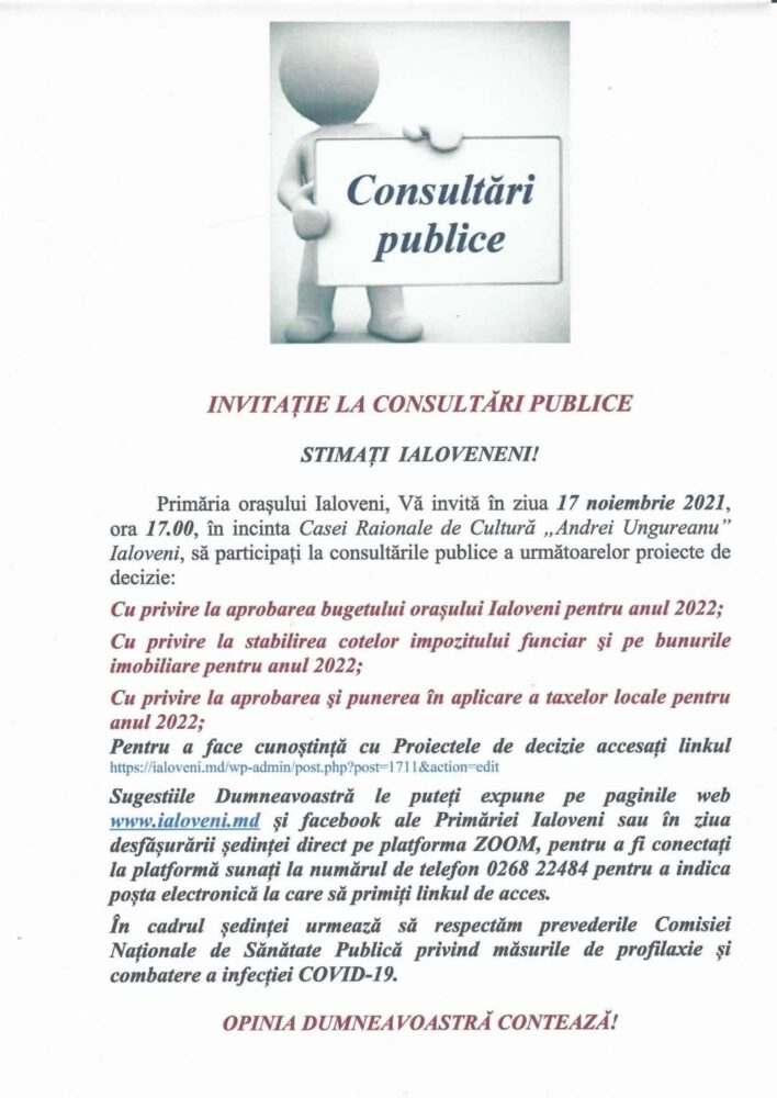 Primăria Ialoveni anunță consultări publice pentru proiectul taxelor locale, a taxelor funciare și proiectul bugetului pentru 2022 2 img 1 1636998983185