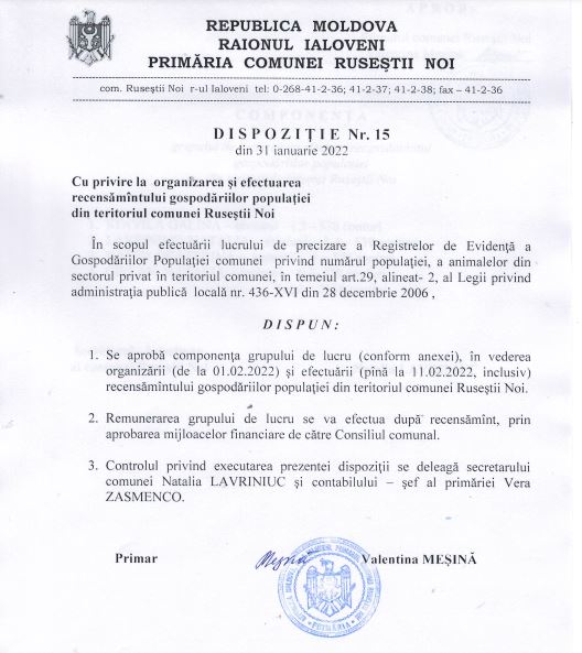 DOC// Recensământul gospodăriilor din Ruseștii Noi va fi efectuat la începutul lunii februarie 2 Recensamnat Rusestii Noi decizie
