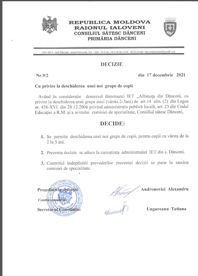 Grădinița „Albinuța” din Dănceni va deschide o nouă grupă de copii 3 decizia