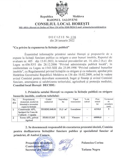 DOC// Primăria Horești vrea să dea în arendă un spațiu din Casa de Cultură și să vândă la licitație un teren agricol 2 licitatie Horesti 1