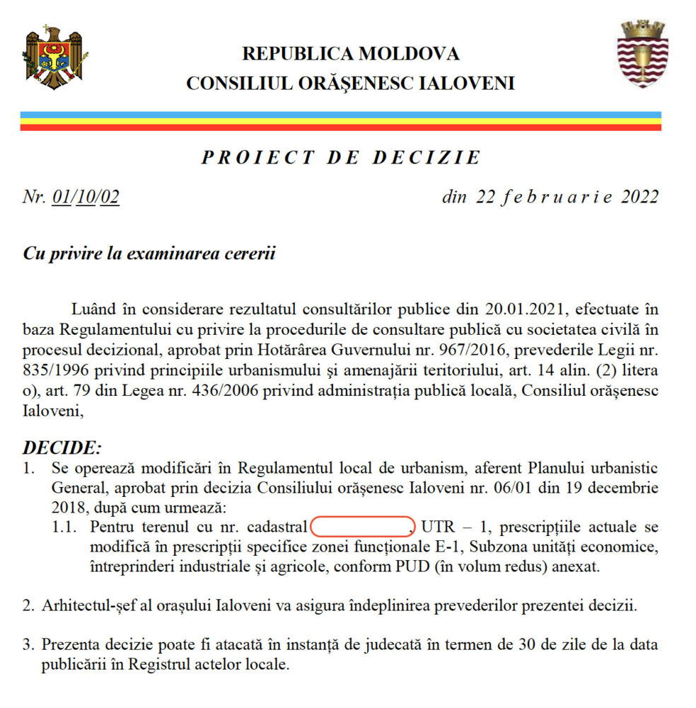 Destinația unui teren agricol de două hectare din sectorul Huțuleuca a fost schimbată în "construcții agroindustriale" 2 decizie ialoveni nr cadastral radiat 1