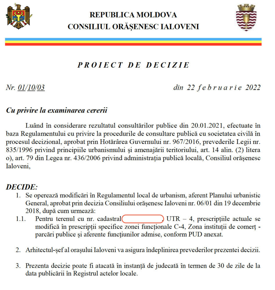 Destinația unui teren agricol de două hectare din sectorul Huțuleuca a fost schimbată în "construcții agroindustriale" 4 decizie ialoveni nr cadastral radiat 2