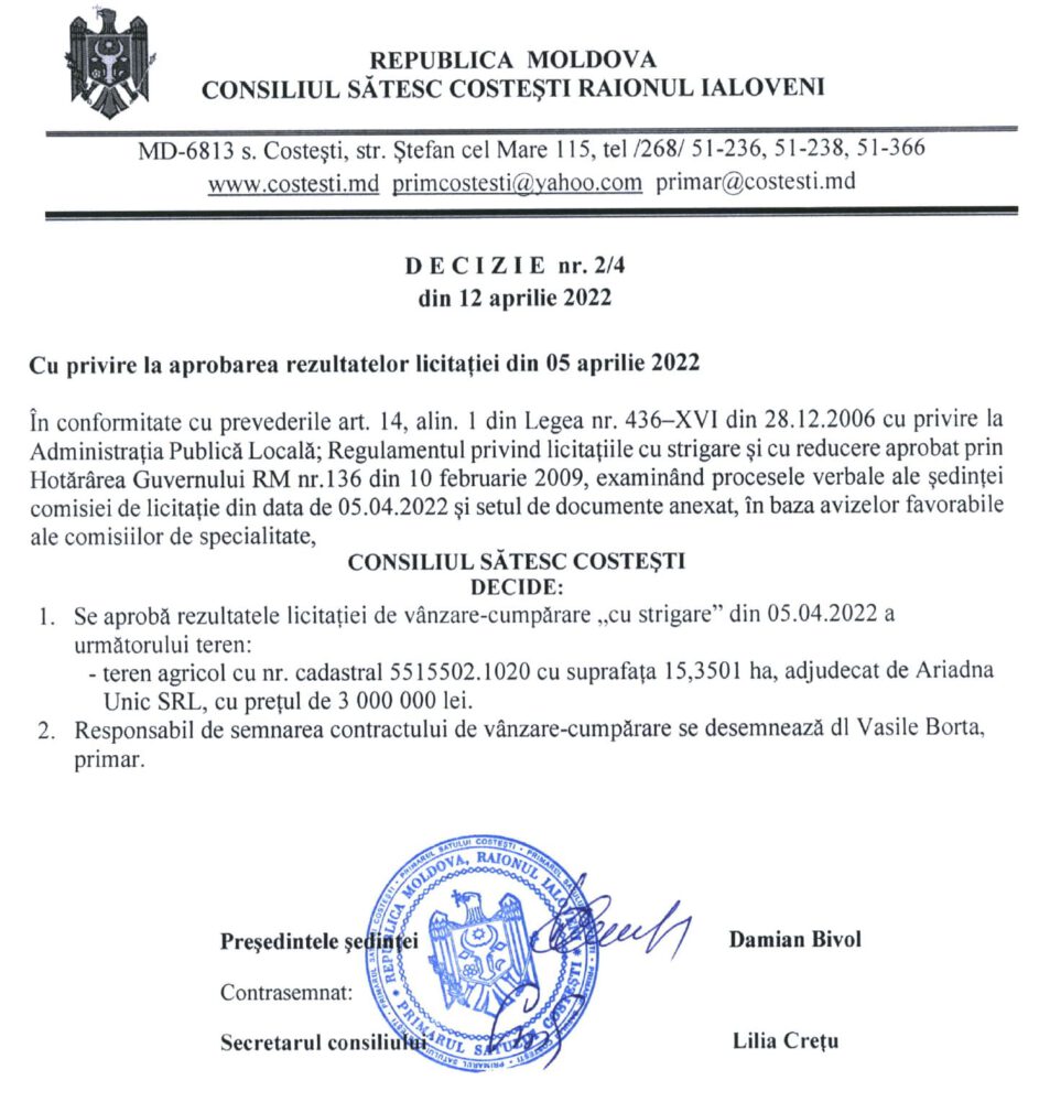 Rezultatele licitației unui teren de 15 hectare au fost ascunse de către Primăria Costești 4 decizie teren 15 ha costesti 2