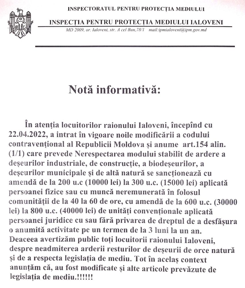 Atenție: amenzi de până la 40 mii lei pentru arderea deșeurilor de orice natură 2 nota inspectia mediului ialoveni 2022