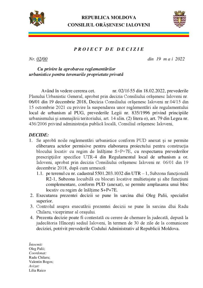 Solicitare de construcție a unui bloc cu 7 etaje și parter pe strada Timișoara (lângă cele 3 blocuri existente) 4 Proiect de decizie Teren 1 modificare PUG