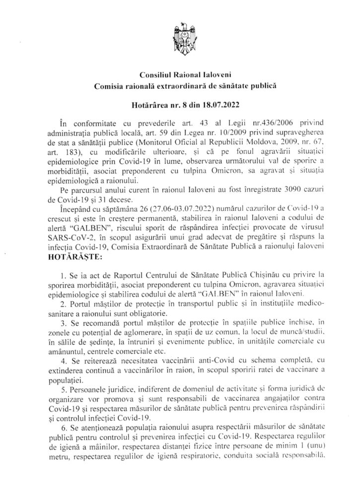 DOC// Decizia Comisiei raionale: Masca de protecție, obligatorie în transportul public și spațiile închise 2 294569112 748360869816412 1182712182388721943 n
