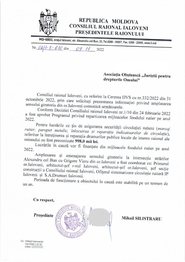 <strong>Încă două sensuri giratorii se planifică a fi amenajate în zona centrală a orașului Ialoveni</strong> 2 raspuns sens giratoriu 2022